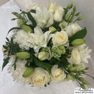 Refined 'Elegant White Sensation' bouquet with pristine white roses, lilies, and chrysanthemums.
