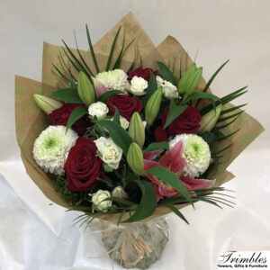 Elegant 'Rose & Lillie' bouquets with lush deep red roses and delicate pink lilies.