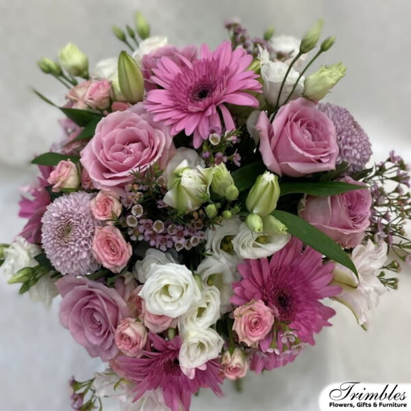 Lush 'Barbie Pink Bouquet' with vibrant pink gerberas, roses, white blooms, and chrysanthemums.
