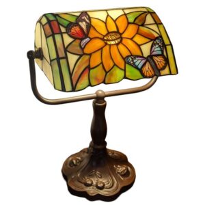 Sunflower & Butterfly Tiffany Banker’s Lamp – 33cm