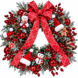 Large Festive Snowman & Red Plaid Christmas Wreath