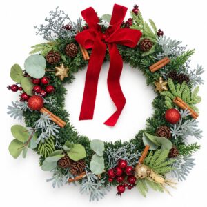 Red Velvet Bow & Frosted Foliage Christmas Wreath